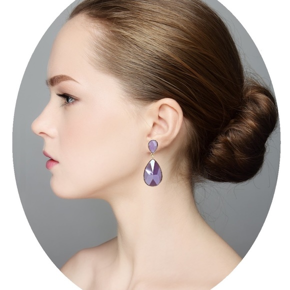 Lavender & Gold Teardrop Earrings 2" Steel Post - Picture 2 of 3